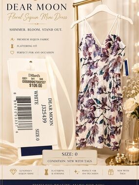 Dear Moon White Floral Sequin Mini Dress